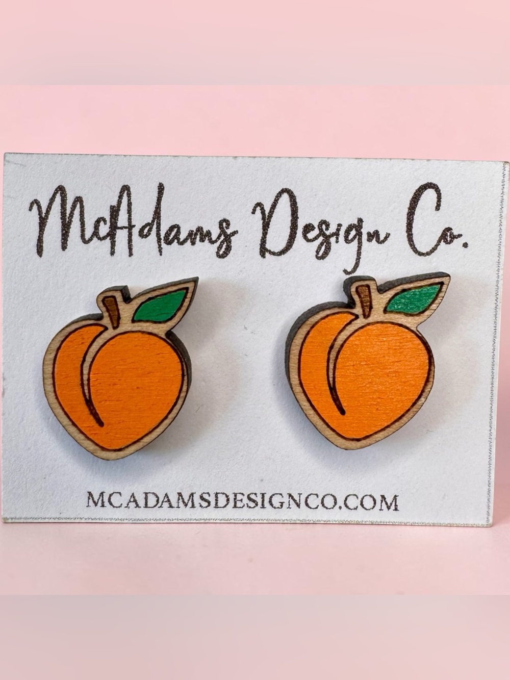 Handmade Peach Wood Stud Earrings - Orange & Green